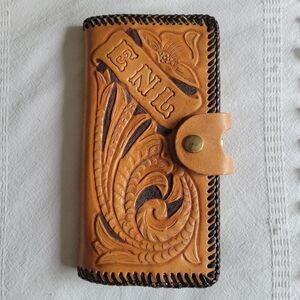 Vintage Handmade Tooled Leather Large Wallet With Kiss Clasp Change Purse
